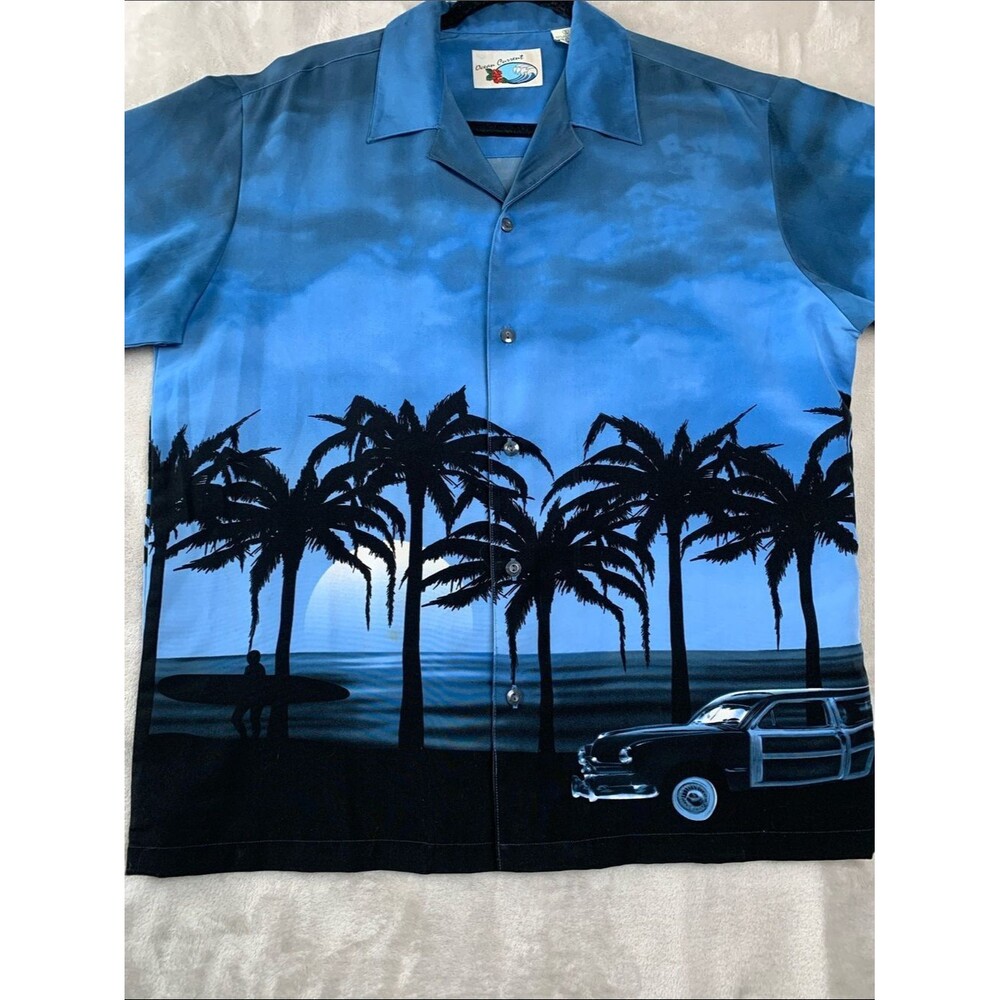 Ocean Current Small Tropical Beach Button Down Shirt | Blue Black White